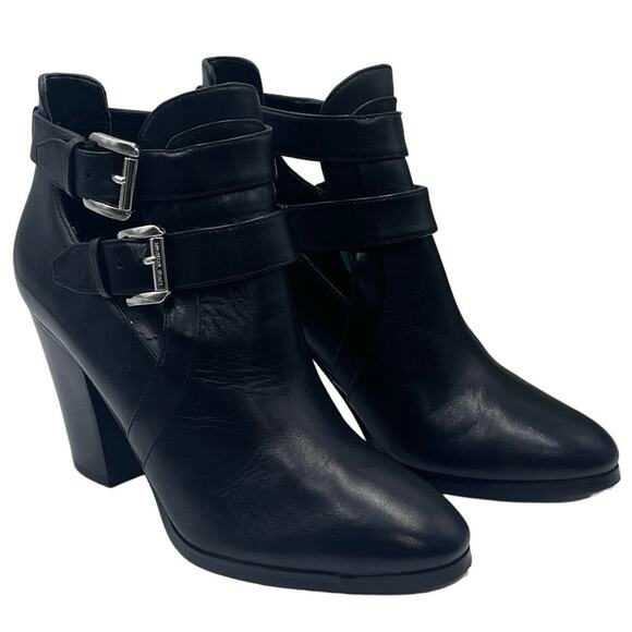 Michael Kors Walden Black Leather Stacked Heel Ankle Bootie Sz 6.5 - Picture 1 of 16